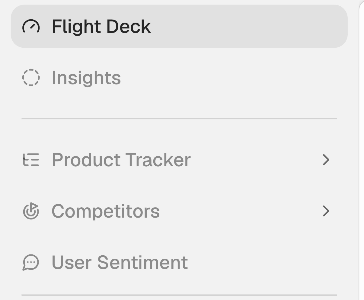 Pilot’s sidebar, with a gauge icon beside Flight Deck and a lined icon beside Product Tracker.