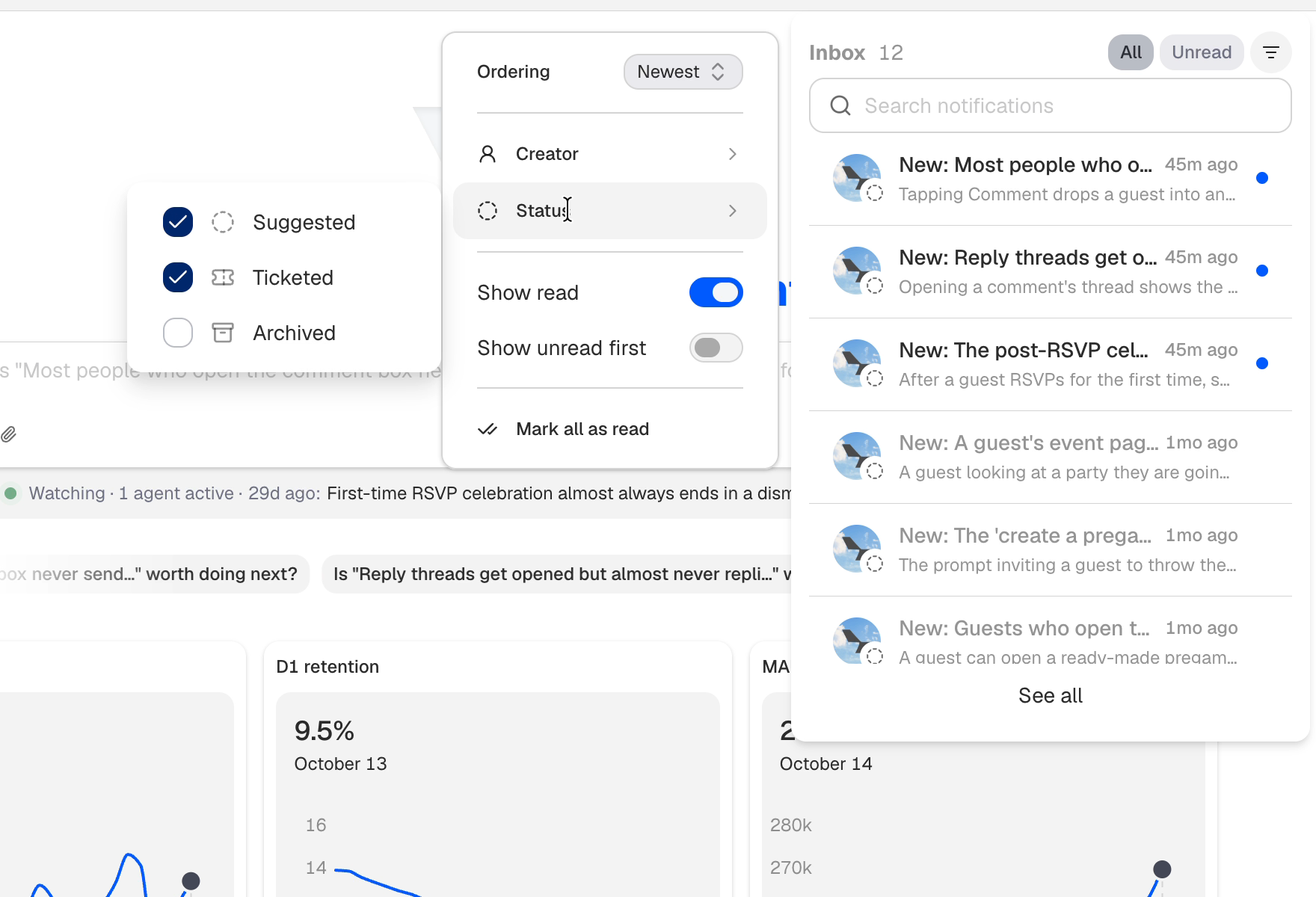 Pilot’s inbox filters, with Suggested and Ticketed checked in the Status menu.