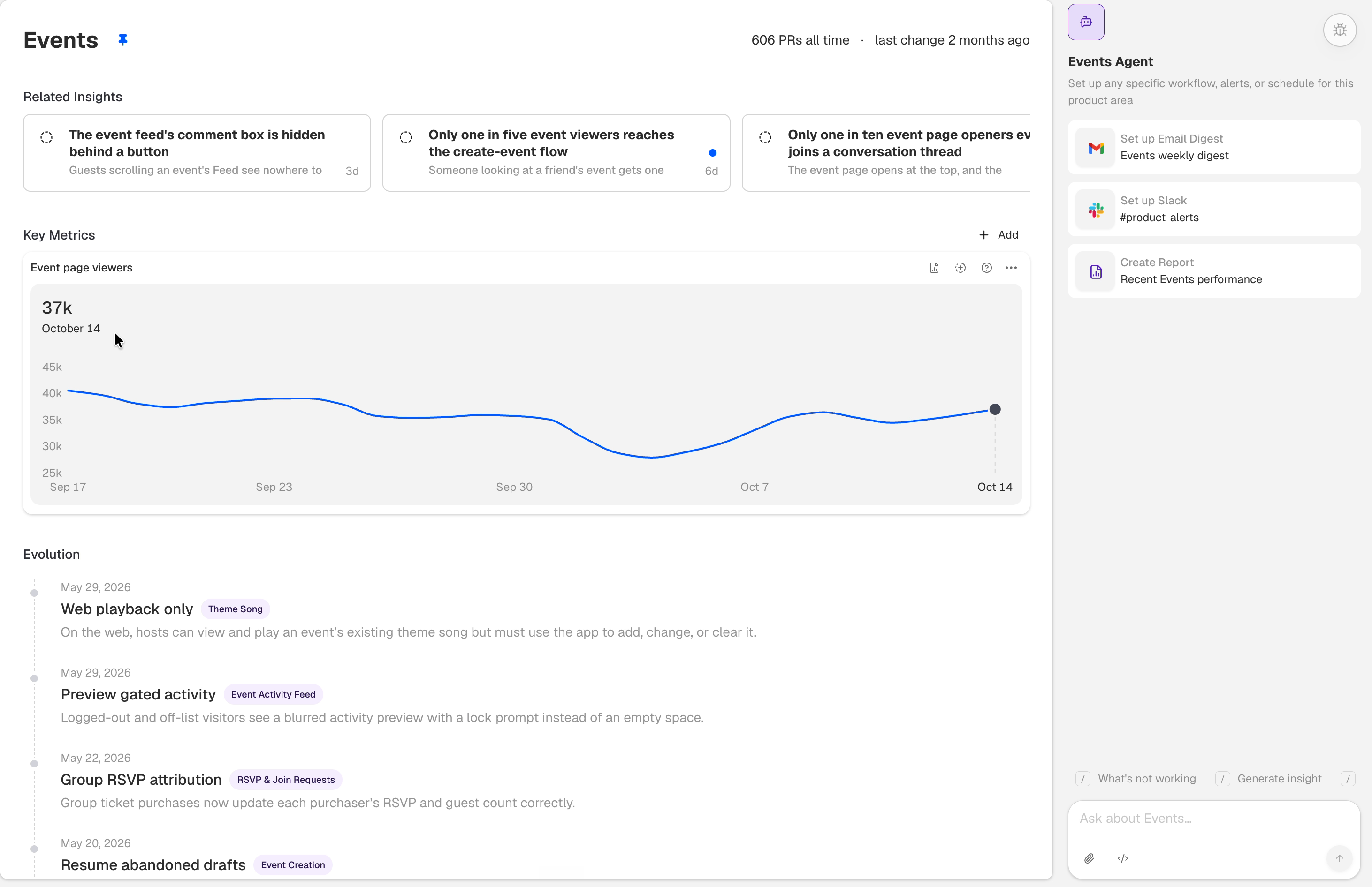 Pilot’s Events service page, with related insights, a key-metrics chart, product history, and the Events Agent panel.