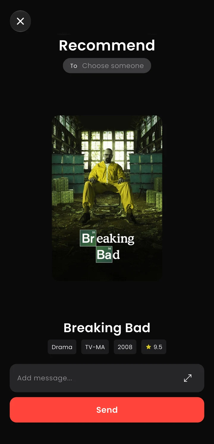 Reelate’s recommendation composer, with a recipient selector and personal message field alongside Breaking Bad.